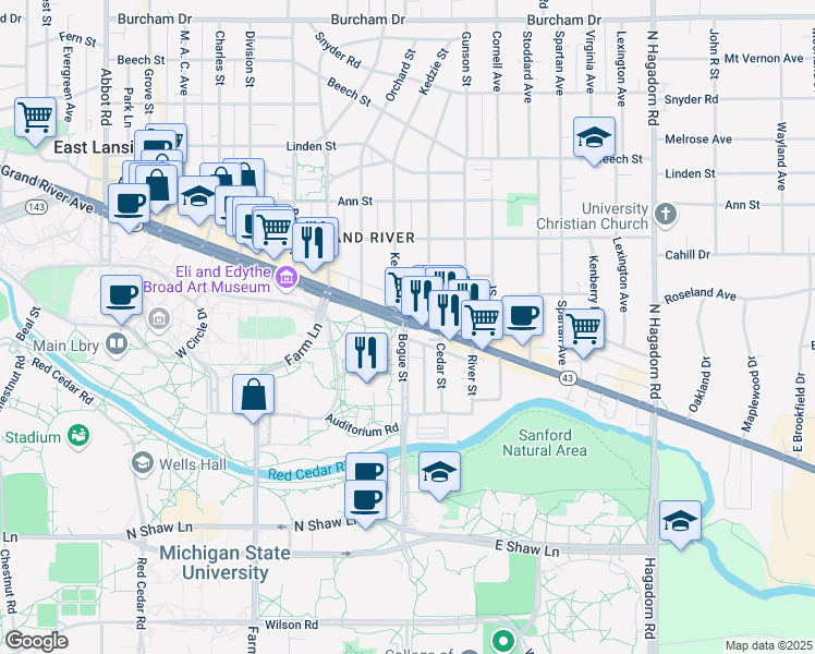 map of restaurants, bars, coffee shops, grocery stores, and more near in East Lansing