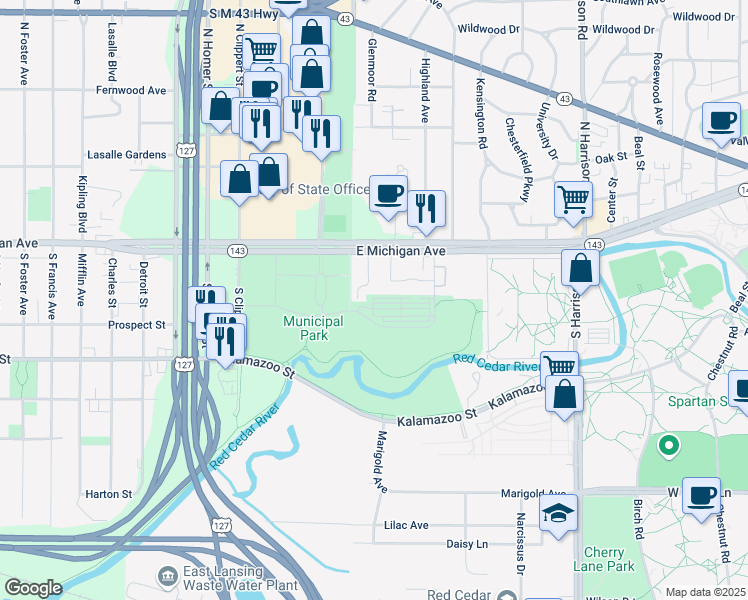 map of restaurants, bars, coffee shops, grocery stores, and more near 1415 Michigan Ave in East Lansing