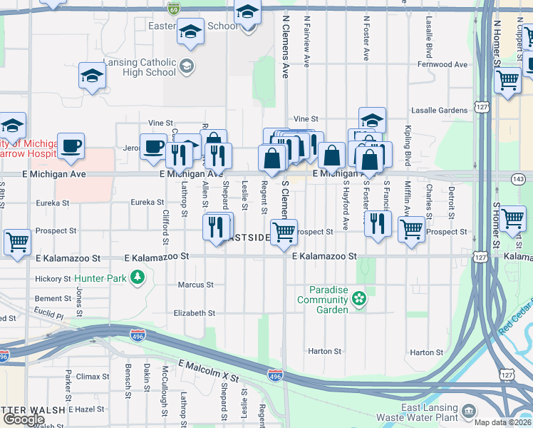 map of restaurants, bars, coffee shops, grocery stores, and more near 205 Regent Street in Lansing