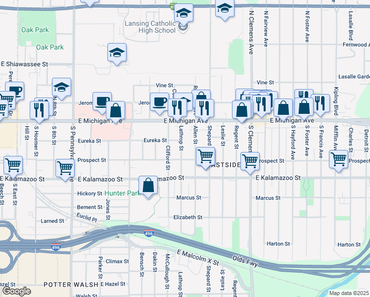 map of restaurants, bars, coffee shops, grocery stores, and more near 207 Lathrop Street in Lansing