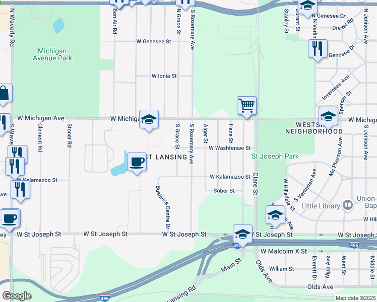 map of restaurants, bars, coffee shops, grocery stores, and more near 2805 West Washtenaw Street in Lansing