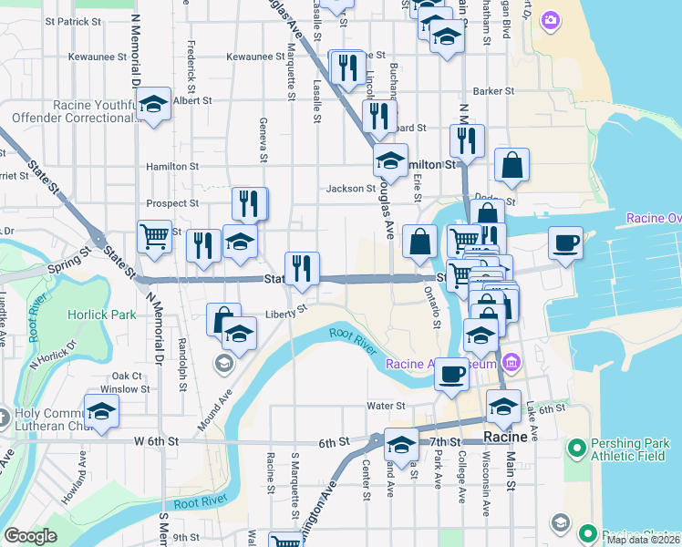 map of restaurants, bars, coffee shops, grocery stores, and more near 900 State Street in Racine