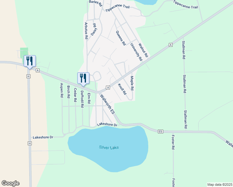map of restaurants, bars, coffee shops, grocery stores, and more near N6637 Juniper Road in Elkhorn