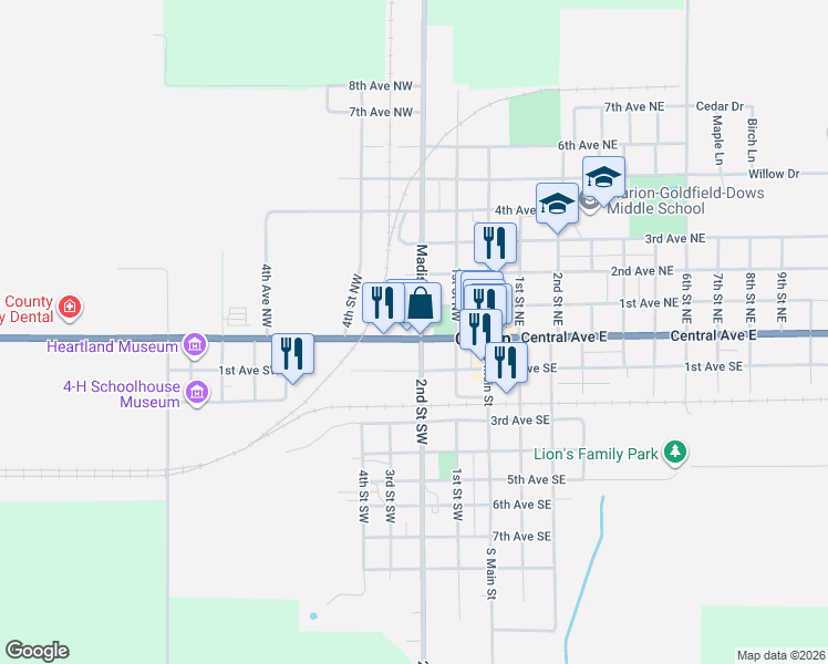 map of restaurants, bars, coffee shops, grocery stores, and more near 301 Central Avenue West in Clarion