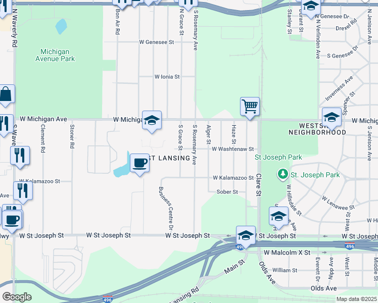 map of restaurants, bars, coffee shops, grocery stores, and more near 2805 West Washtenaw Street in Lansing