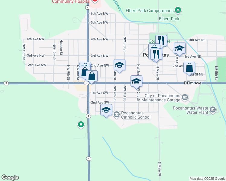 map of restaurants, bars, coffee shops, grocery stores, and more near 51 Southwest 4th Street in Pocahontas