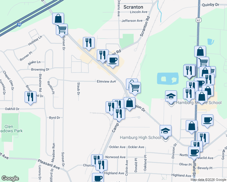 map of restaurants, bars, coffee shops, grocery stores, and more near 5680 Camp Road in Hamburg