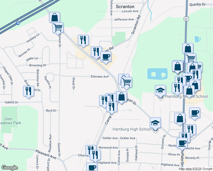 map of restaurants, bars, coffee shops, grocery stores, and more near 5680 Camp Rd in Hamburg