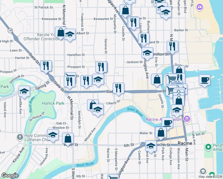 map of restaurants, bars, coffee shops, grocery stores, and more near 909 Doctor Martin Luther King Drive in Racine