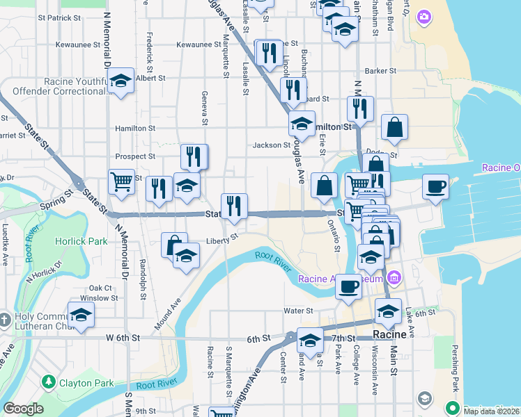 map of restaurants, bars, coffee shops, grocery stores, and more near 900 State Street in Racine