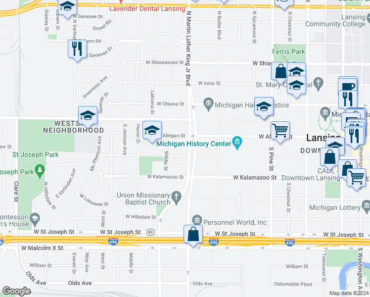 map of restaurants, bars, coffee shops, grocery stores, and more near 224 South Martin Luther King Junior Boulevard in Lansing