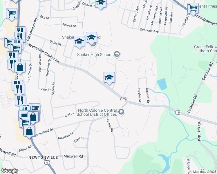map of restaurants, bars, coffee shops, grocery stores, and more near 445 Watervliet Shaker Road in Latham