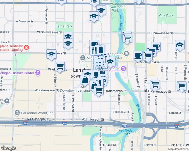 map of restaurants, bars, coffee shops, grocery stores, and more near 300 South Capitol Avenue in Lansing