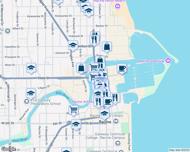 map of restaurants, bars, coffee shops, grocery stores, and more near 214 State Street in Racine
