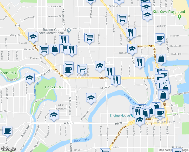 map of restaurants, bars, coffee shops, grocery stores, and more near 1200 State Street in Racine