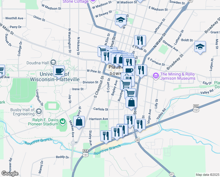 map of restaurants, bars, coffee shops, grocery stores, and more near 65 Mitchell Avenue in Platteville