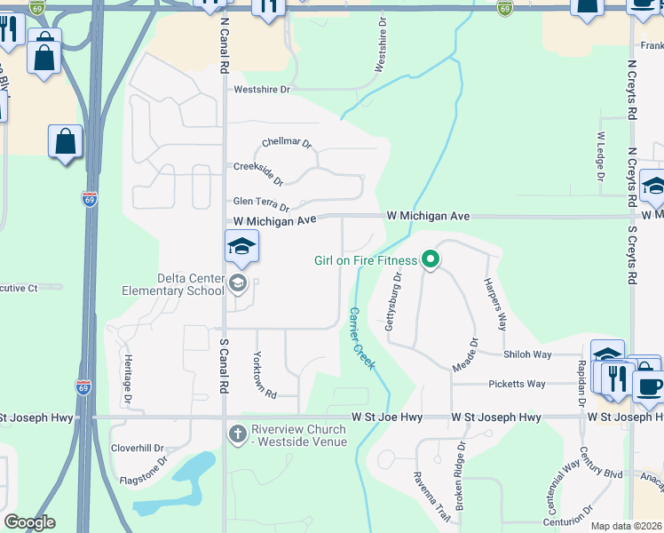 map of restaurants, bars, coffee shops, grocery stores, and more near 216 Williamsburg Road in Lansing