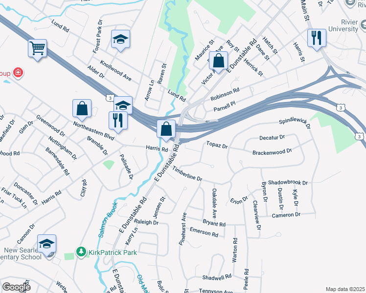 map of restaurants, bars, coffee shops, grocery stores, and more near 2 Old House Lane in Nashua