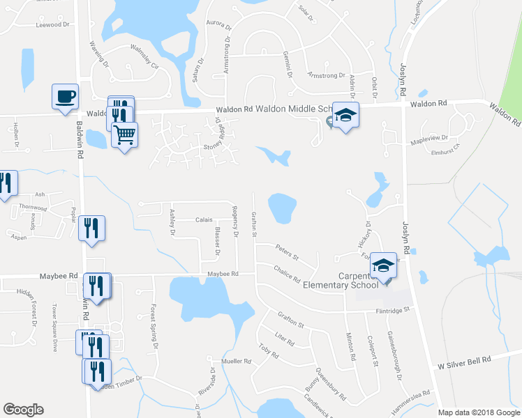 map of restaurants, bars, coffee shops, grocery stores, and more near 3285 Grafton Street in Orion Township