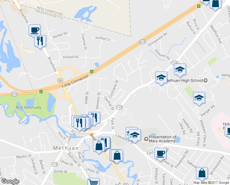 map of restaurants, bars, coffee shops, grocery stores, and more near 11 Cochrane Street in Methuen