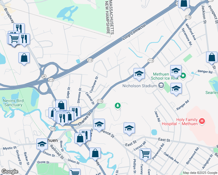 map of restaurants, bars, coffee shops, grocery stores, and more near 25 Williams Street in Methuen