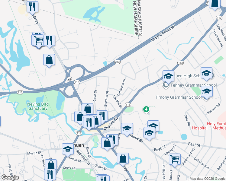 map of restaurants, bars, coffee shops, grocery stores, and more near 7 Summit Ave in Methuen