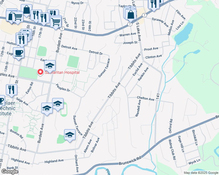 map of restaurants, bars, coffee shops, grocery stores, and more near 220 Sunset Terrace in Troy