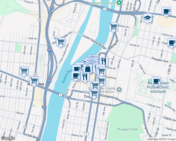 map of restaurants, bars, coffee shops, grocery stores, and more near in Troy