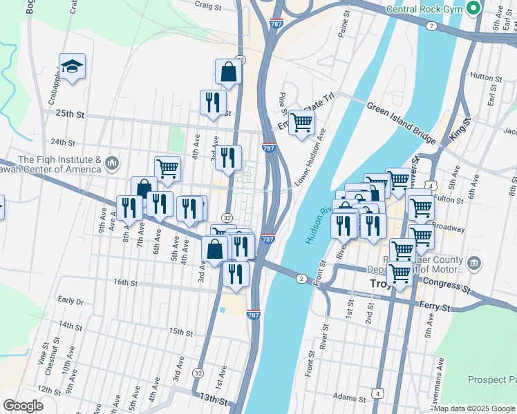 map of restaurants, bars, coffee shops, grocery stores, and more near 2212 Broadway in Watervliet