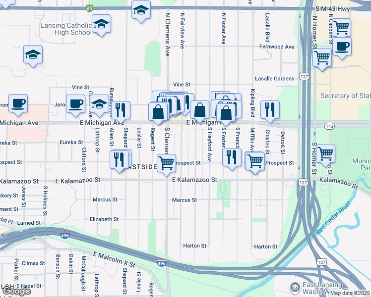 map of restaurants, bars, coffee shops, grocery stores, and more near 210 South Magnolia Avenue in Lansing
