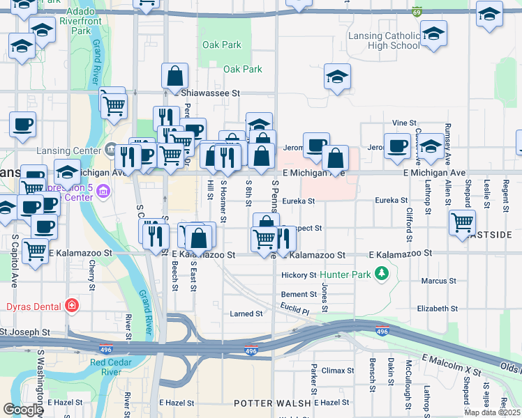 map of restaurants, bars, coffee shops, grocery stores, and more near 922 Eureka Street in Lansing