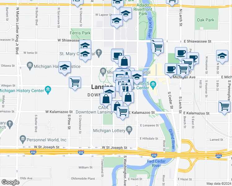 map of restaurants, bars, coffee shops, grocery stores, and more near 215 South Capitol Avenue in Lansing