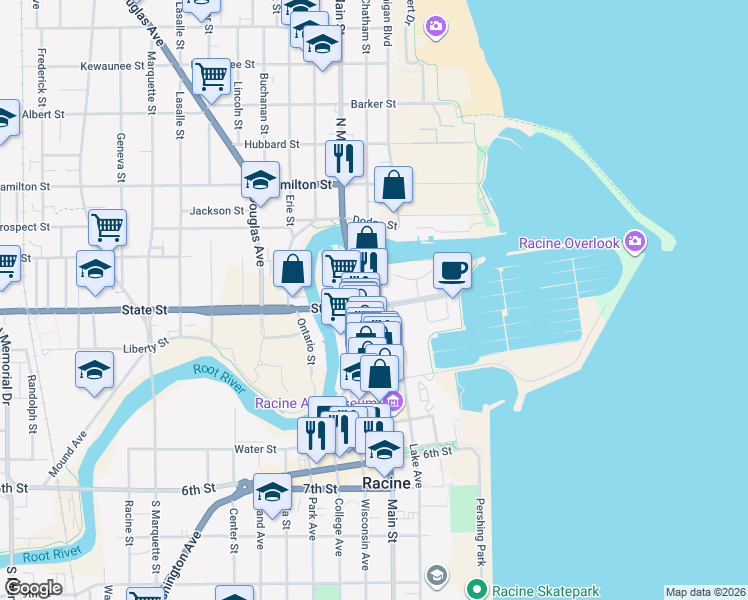 map of restaurants, bars, coffee shops, grocery stores, and more near in Racine