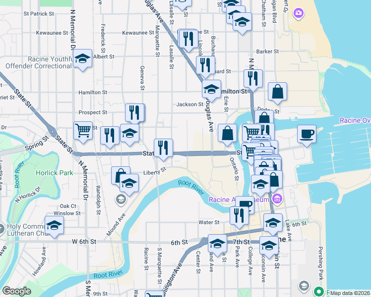 map of restaurants, bars, coffee shops, grocery stores, and more near 900 State Street in Racine