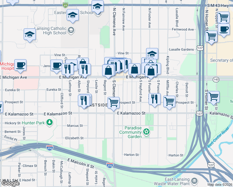 map of restaurants, bars, coffee shops, grocery stores, and more near 207 South Clemens Avenue in Lansing