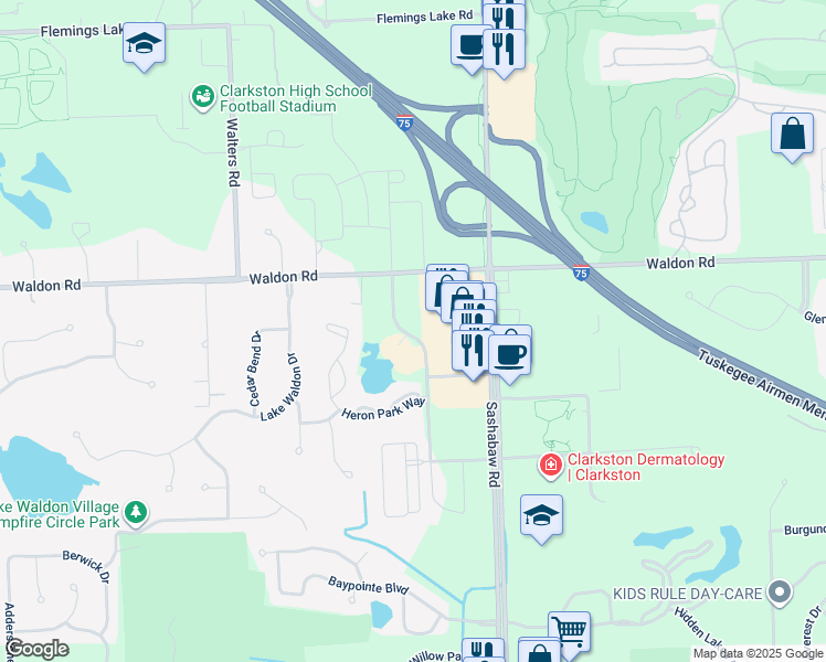 map of restaurants, bars, coffee shops, grocery stores, and more near 6351 Waldon Center Drive in Clarkston