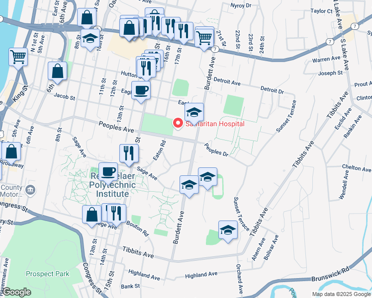 map of restaurants, bars, coffee shops, grocery stores, and more near 10 Tom Phelan Place in Troy