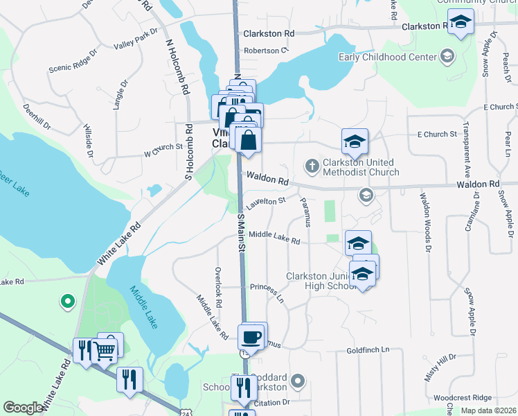 map of restaurants, bars, coffee shops, grocery stores, and more near 6725 Laurelton Street in Clarkston