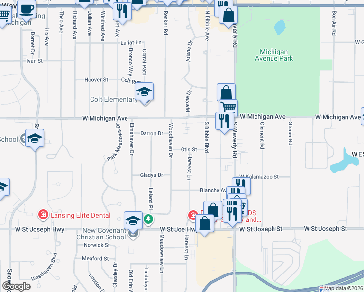 map of restaurants, bars, coffee shops, grocery stores, and more near 4214 Otis Street in Lansing