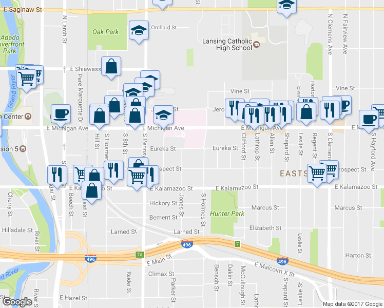 map of restaurants, bars, coffee shops, grocery stores, and more near 1216 Eureka Street in Lansing