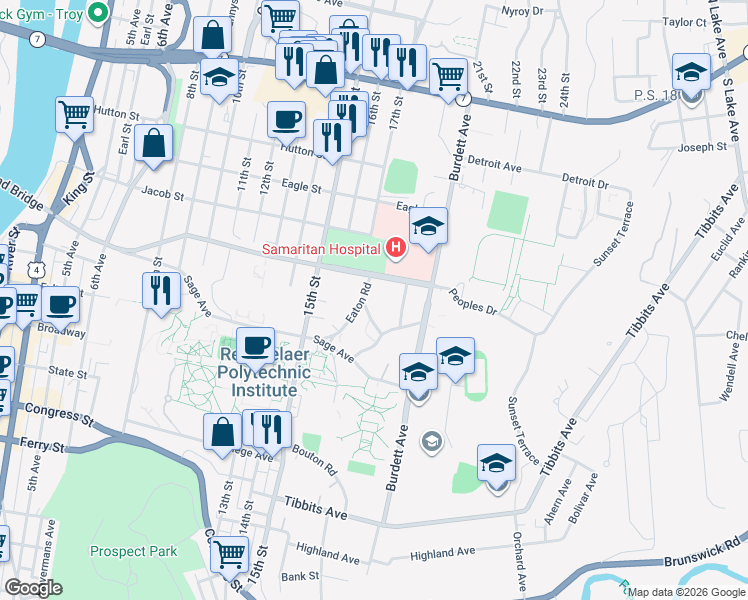 map of restaurants, bars, coffee shops, grocery stores, and more near 22 Eaton Road in Troy