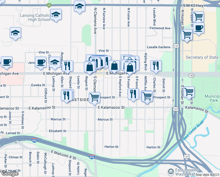 map of restaurants, bars, coffee shops, grocery stores, and more near 210 South Magnolia Avenue in Lansing