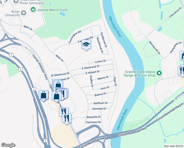 map of restaurants, bars, coffee shops, grocery stores, and more near 71 East Hobart Street in Nashua