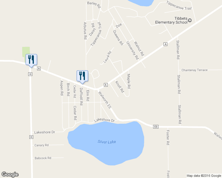 map of restaurants, bars, coffee shops, grocery stores, and more near N6637 Juniper Road in Elkhorn
