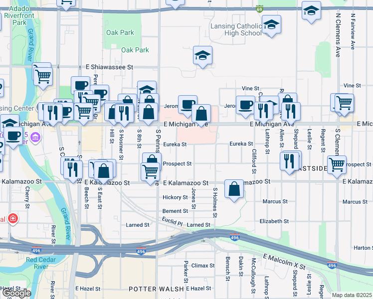 map of restaurants, bars, coffee shops, grocery stores, and more near 1116 Eureka Street in Lansing