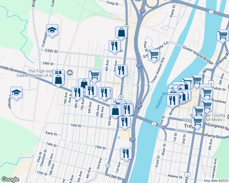 map of restaurants, bars, coffee shops, grocery stores, and more near 2124 3rd Avenue in Watervliet