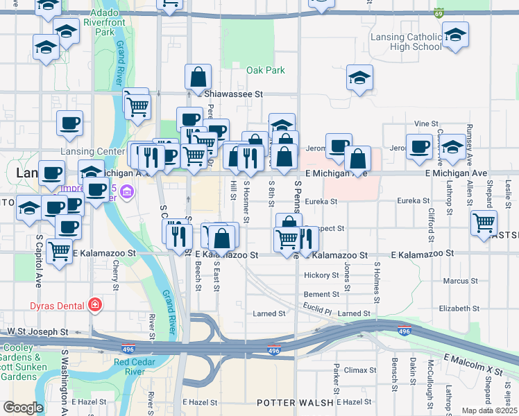 map of restaurants, bars, coffee shops, grocery stores, and more near 204 South 8th Street in Lansing