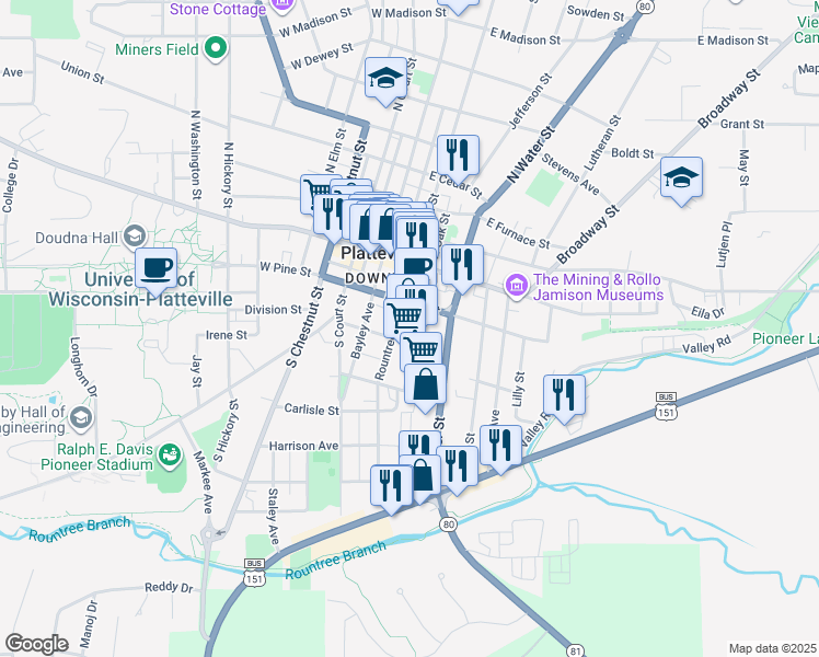 map of restaurants, bars, coffee shops, grocery stores, and more near 160 McGregor Plaza in Platteville