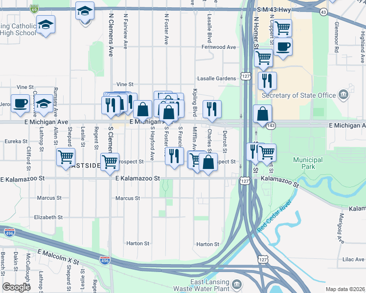 map of restaurants, bars, coffee shops, grocery stores, and more near 209 South Francis Avenue in Lansing