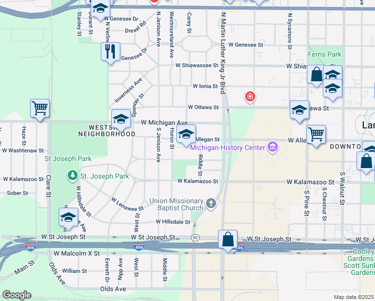 map of restaurants, bars, coffee shops, grocery stores, and more near 221 Huron Street in Lansing